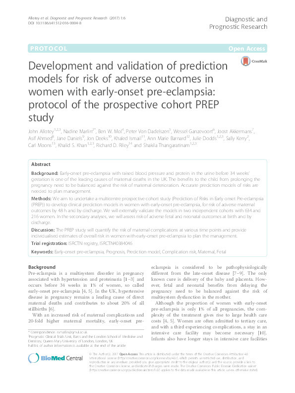 Development and validation of prediction models for risk of adverse outcomes in women with early-onset pre-eclampsia: protocol of the prospective cohort PREP study. Thumbnail