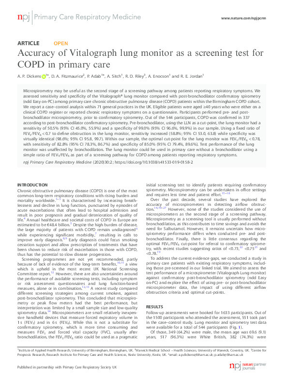 Accuracy of Vitalograph lung monitor as a screening test for COPD in primary care. Thumbnail