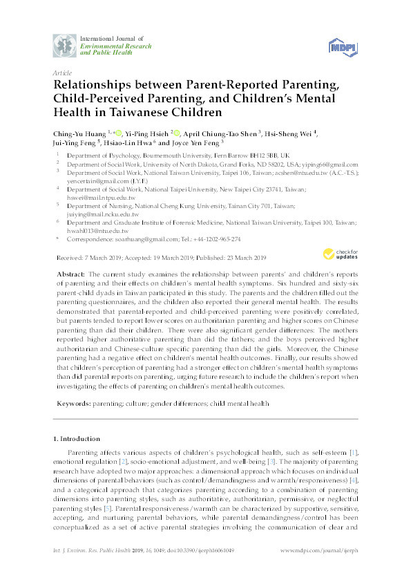 Relationships between Parent-Reported Parenting, Child-Perceived Parenting, and Children’s Mental Health in Taiwanese Children Thumbnail