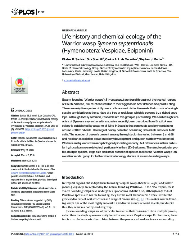 Life history and chemical ecology of the Warrior wasp Synoeca septentrionalis (Hymenoptera: Vespidae, Epiponini) Thumbnail