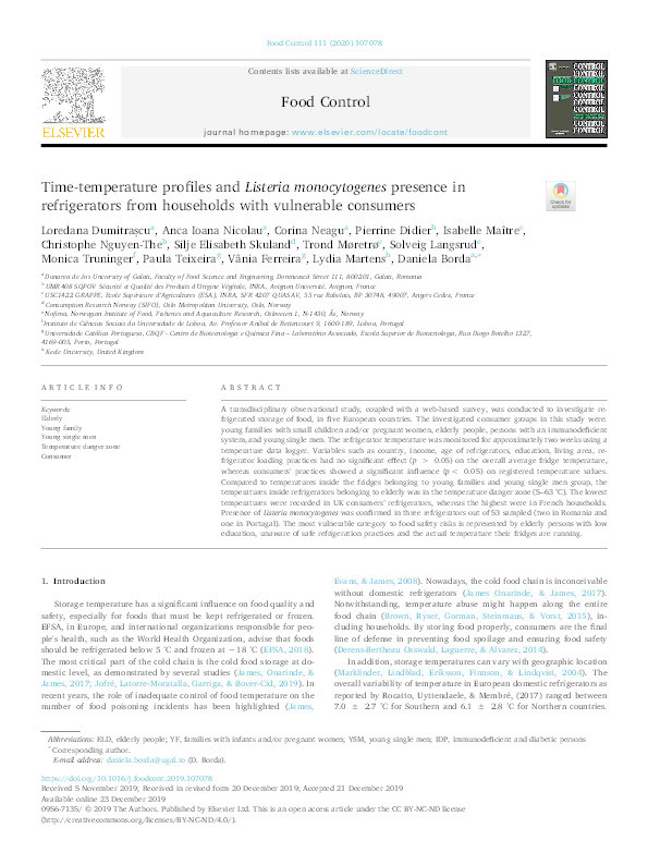 Time-temperature profiles and Listeria monocytogenes presence in refrigerators from households with vulnerable consumers Thumbnail