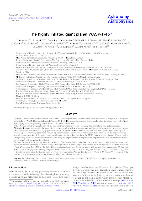 The highly inflated giant planet WASP-174b Thumbnail