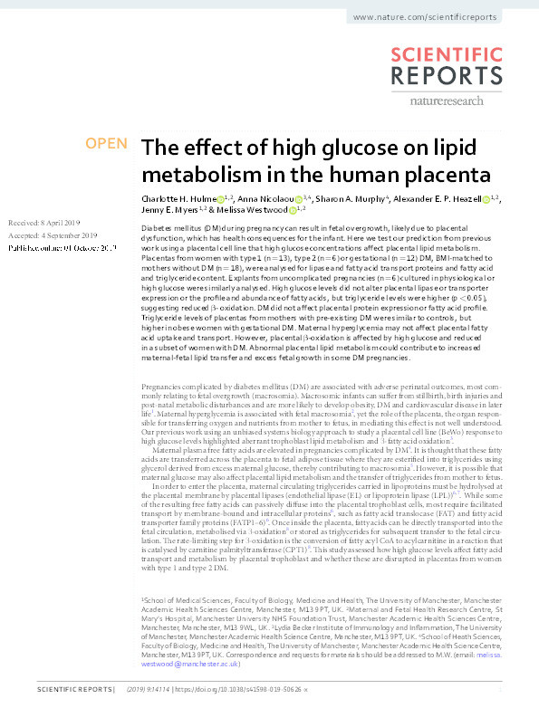 The effect of high glucose on lipid metabolism in the human placenta Thumbnail