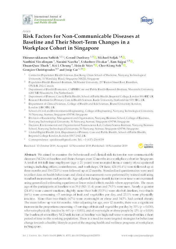 Risk Factors for Non-Communicable Diseases at Baseline and Their Short-Term Changes in a Workplace Cohort in Singapore Thumbnail