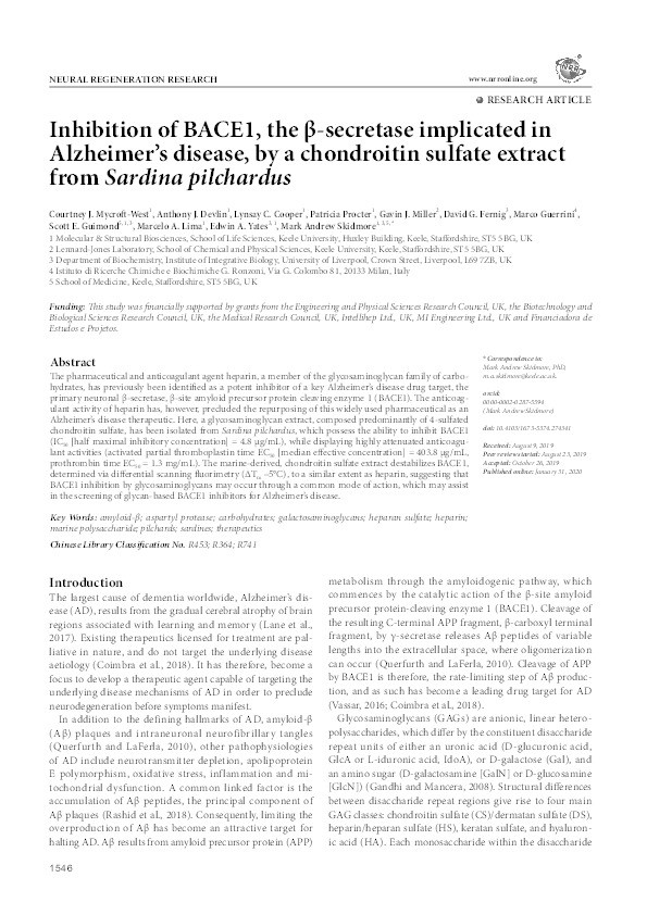 Inhibition of BACE1, the ß-secretase implicated in Alzheimer's disease, by a chondroitin sulfate extract from Sardina pilchardus. Thumbnail
