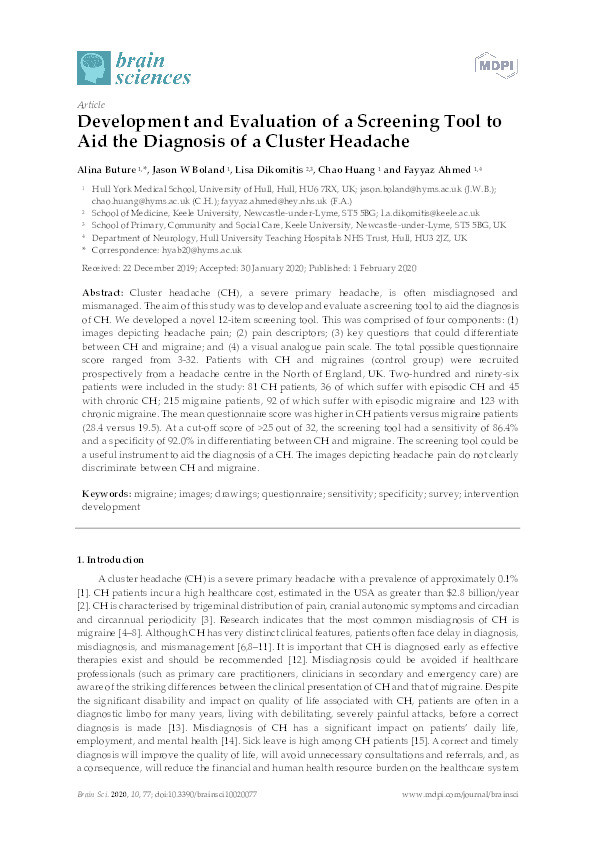Development and Evaluation of a Screening Tool to Aid the Diagnosis of a Cluster Headache Thumbnail