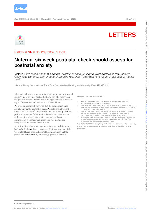 Maternal six week postnatal check should assess for postnatal anxiety. Thumbnail