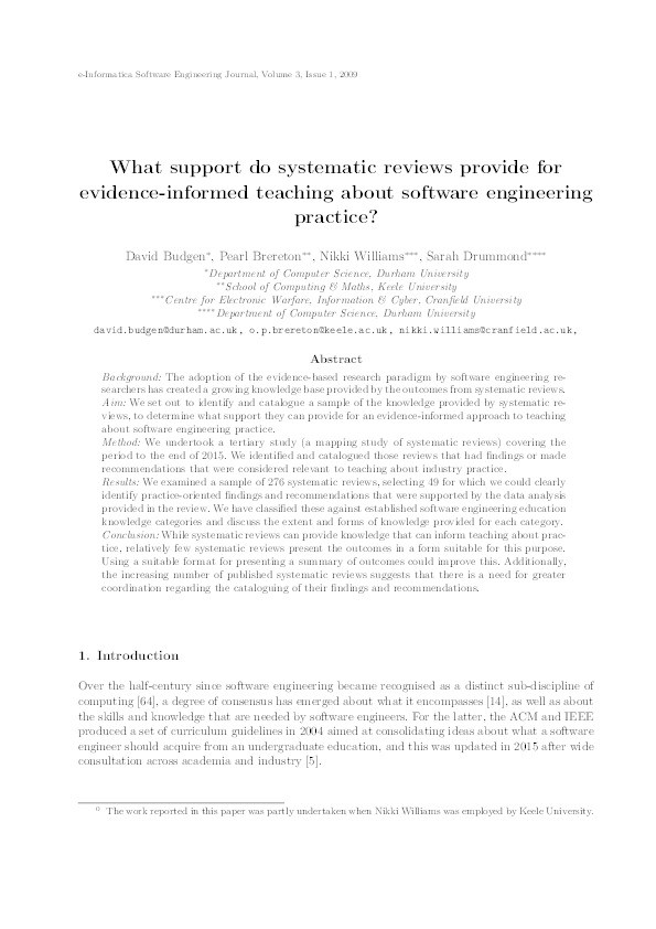 What Support do Systematic Reviews Provide for Evidence-informed Teaching about Software Engineering Practice? Thumbnail