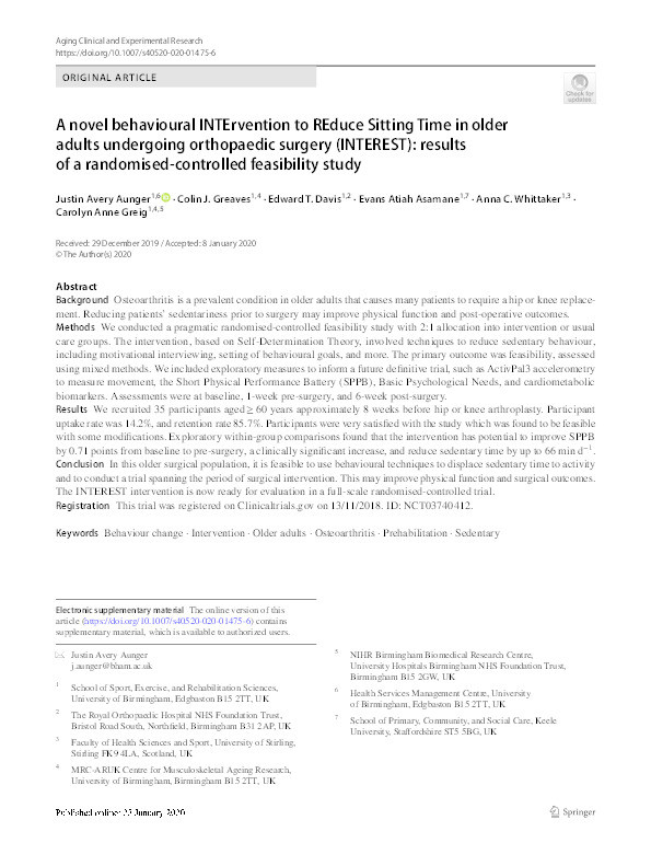 A novel behavioural INTErvention to REduce Sitting Time in older adults undergoing orthopaedic surgery (INTEREST): results of a randomised-controlled feasibility study Thumbnail