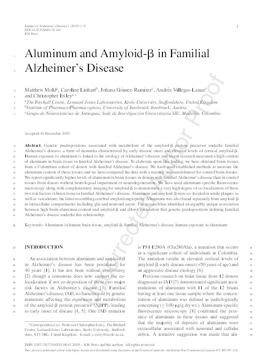 Aluminum and Amyloid-ß in Familial Alzheimer's Disease. Thumbnail