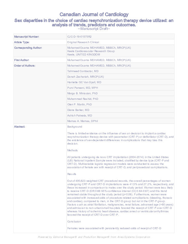 Sex disparities in the choice of cardiac resynchronization therapy device utilized: an analysis of trends, predictors and outcomes. Thumbnail