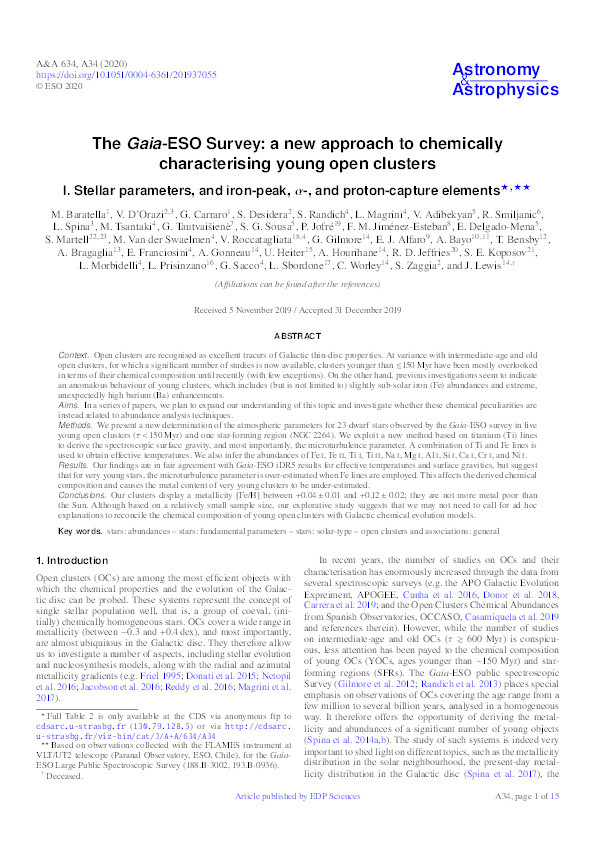 The Gaia-ESO Survey: a new approach to chemically characterising young open clusters - I. Stellar parameters, and iron-peak, nd proton-capture elements Thumbnail