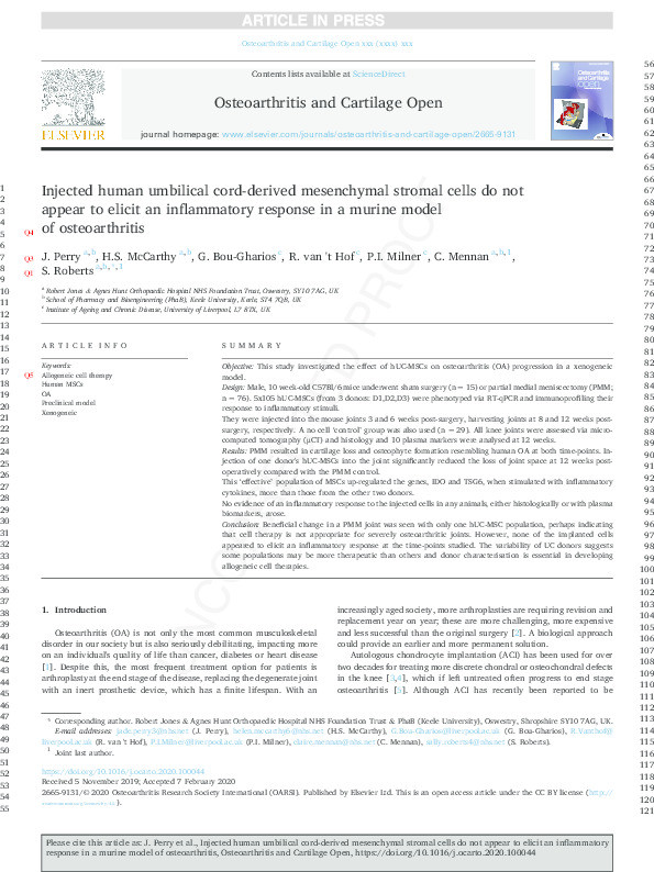 Injected human umbilical cord-derived mesenchymal stromal cells do not appear to elicit an inflammatory response in a murine model of osteoarthritis Thumbnail