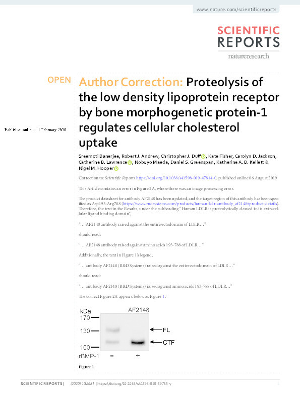 Author Correction: Proteolysis of the low density lipoprotein receptor by bone morphogenetic protein-1 regulates cellular cholesterol uptake. Thumbnail