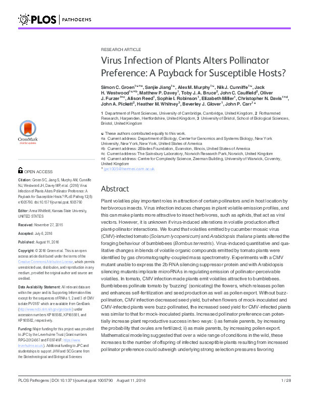 Virus Infection of Plants Alters Pollinator Preference: A Payback for Susceptible Hosts? Thumbnail