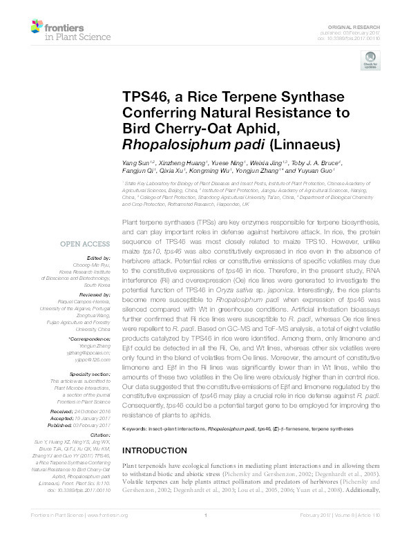 TPS46, a Rice Terpene Synthase Conferring Natural Resistance to Bird Cherry-Oat Aphid, Rhopalosiphum padi (Linnaeus). Thumbnail