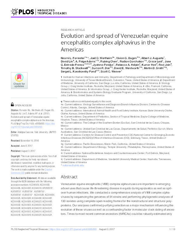 Evolution and spread of Venezuelan equine encephalitis complex alphavirus in the Americas. Thumbnail