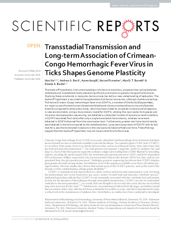 Transstadial Transmission and Long-term Association of Crimean-Congo Hemorrhagic Fever Virus in Ticks Shapes Genome Plasticity. Thumbnail