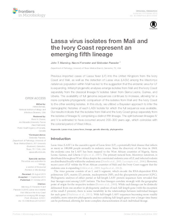 Lassa virus isolates from Mali and the Ivory Coast represent an emerging fifth lineage. Thumbnail