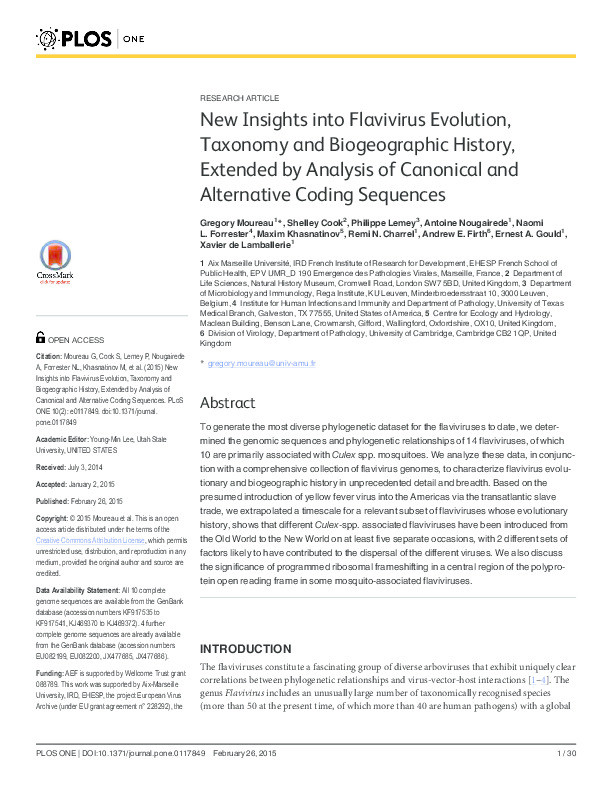 New insights into flavivirus evolution, taxonomy and biogeographic history, extended by analysis of canonical and alternative coding sequences. Thumbnail