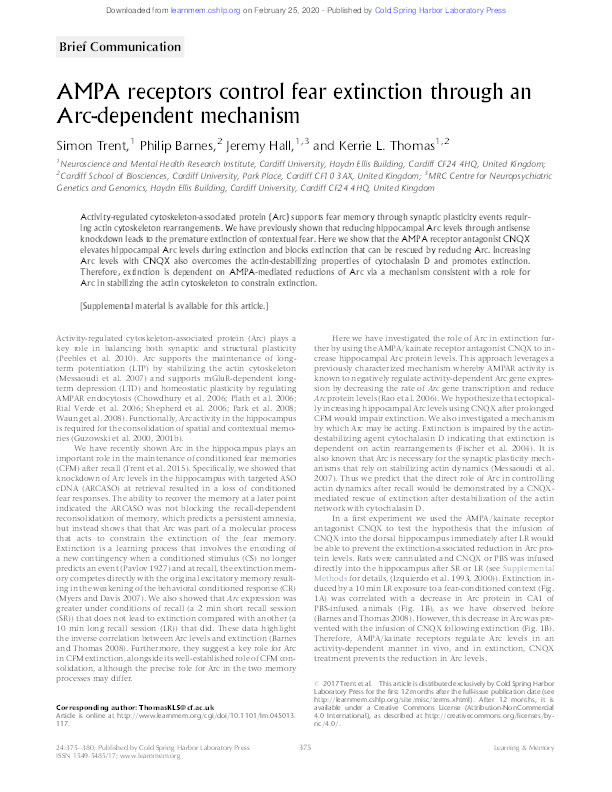 AMPA receptors control fear extinction through an Arc-dependent mechanism Thumbnail