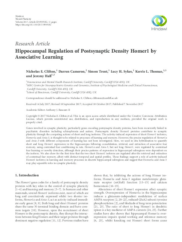 Hippocampal Regulation of Postsynaptic Density Homer1 by Associative Learning Thumbnail