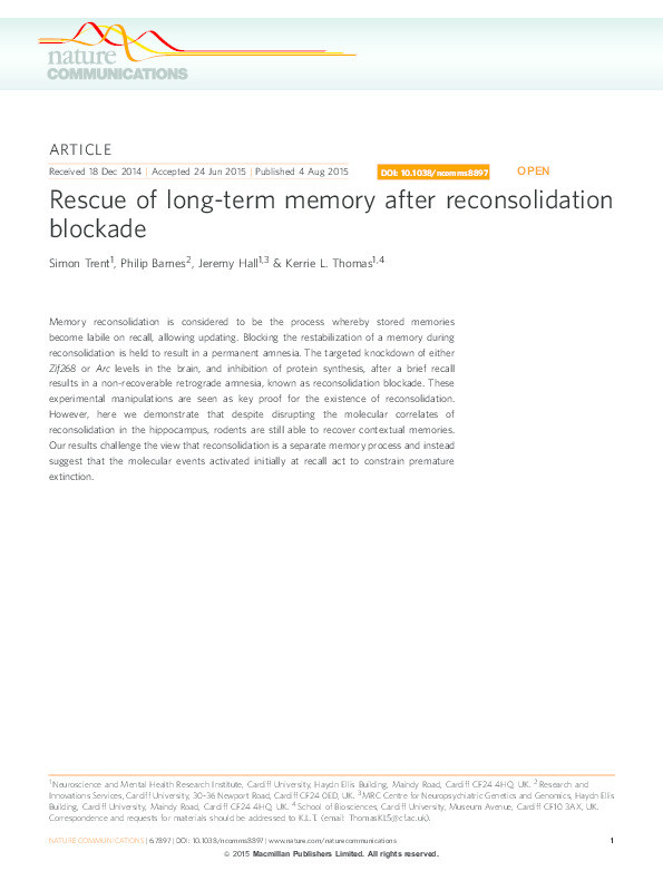 Rescue of long-term memory after reconsolidation blockade Thumbnail