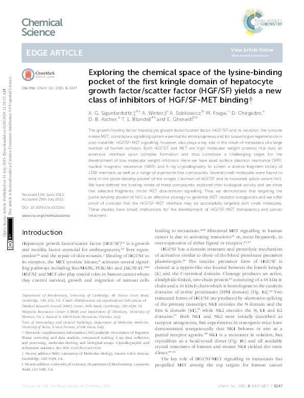 Exploring the chemical space of the lysine-binding pocket of the first kringle domain of hepatocyte growth factor/scatter factor (HGF/SF) yields a new class of inhibitors of HGF/SF-MET binding. Thumbnail