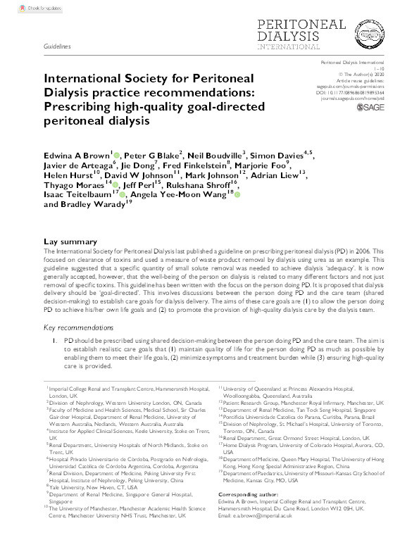 International Society for Peritoneal Dialysis practice recommendations: Prescribing high-quality goal-directed peritoneal dialysis Thumbnail
