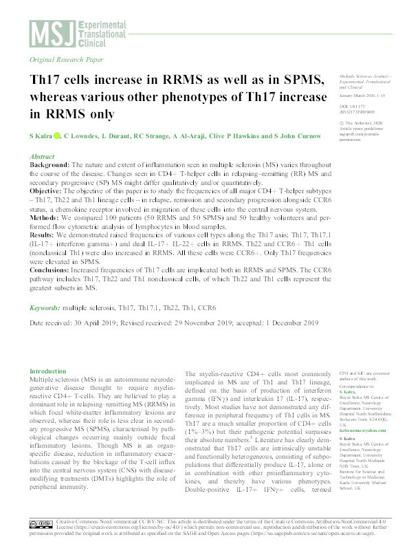 Th17 cells increase in RRMS as well as in SPMS, whereas various other phenotypes of Th17 increase in RRMS only. Thumbnail