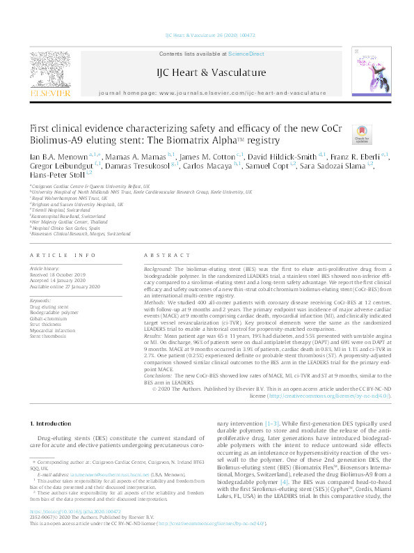 First clinical evidence characterizing safety and efficacy of the new CoCr Biolimus-A9 eluting stent: The Biomatrix Alpha™ registry Thumbnail