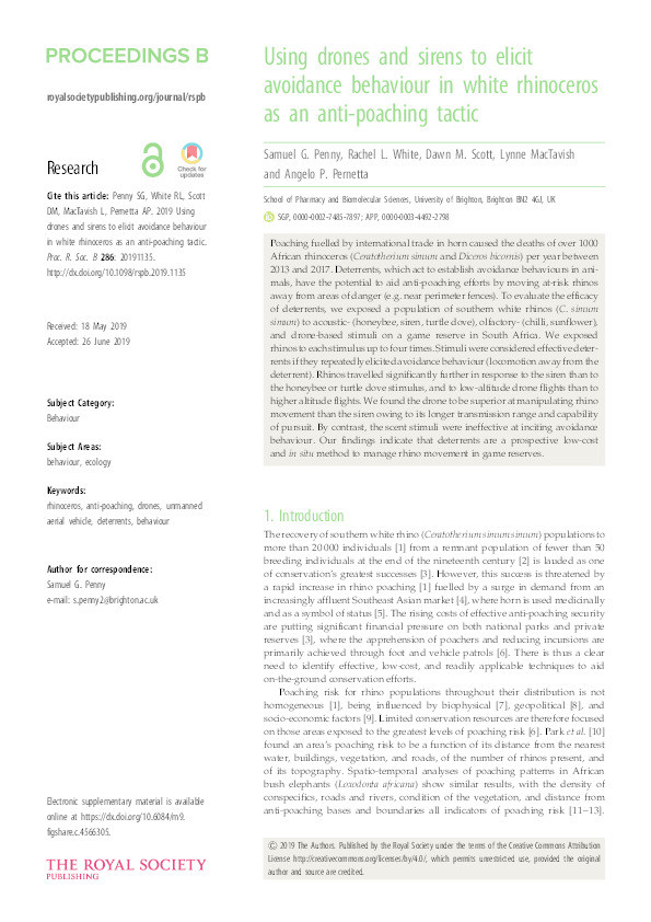 Using drones and sirens to elicit avoidance behaviour in white rhinoceros as an anti-poaching tactic. Thumbnail