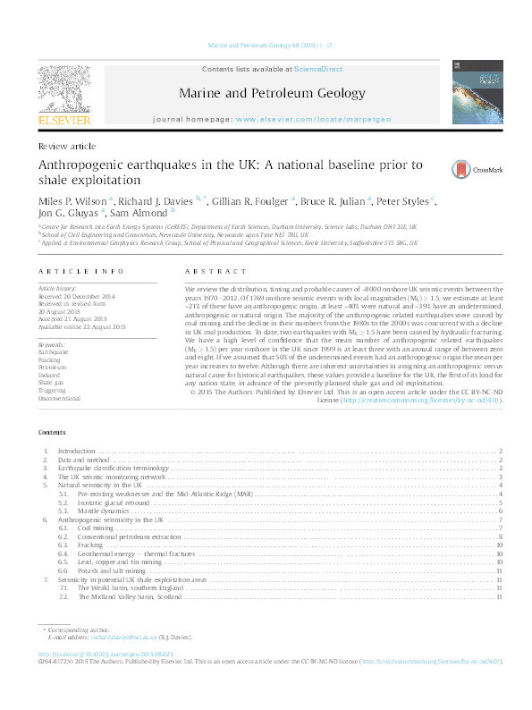 Anthropogenic earthquakes in the UK: A national baseline prior to shale exploitation Thumbnail