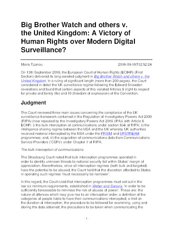 Big Brother Watch and others v. the United Kingdom: A Victory of Human Rights over Modern Digital Surveillance? Thumbnail