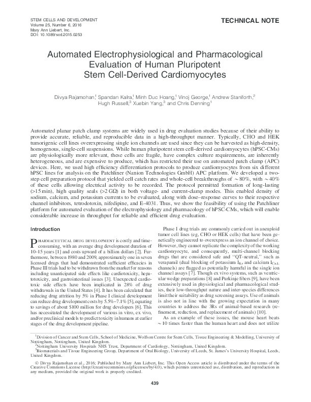 Automated Electrophysiological and Pharmacological Evaluation of Human Pluripotent Stem Cell-Derived Cardiomyocytes Thumbnail