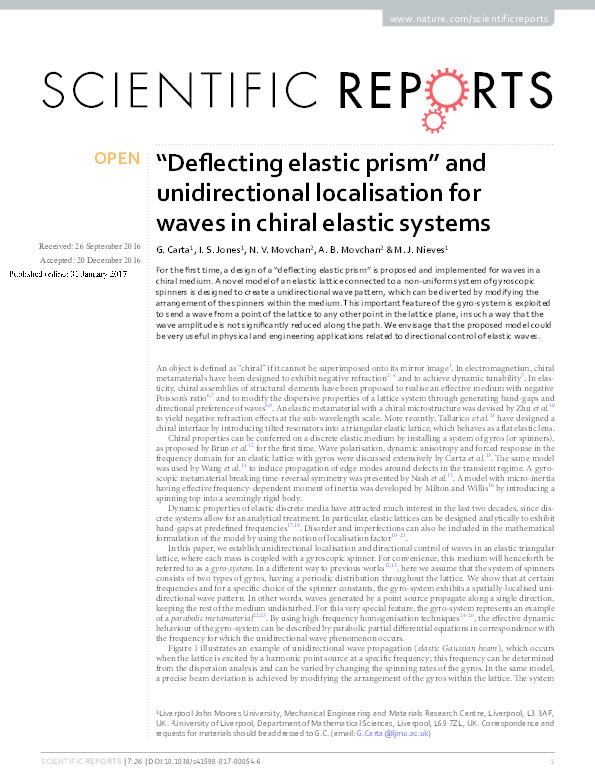“Deflecting elastic prism” and unidirectional localisation for waves in chiral elastic systems Thumbnail