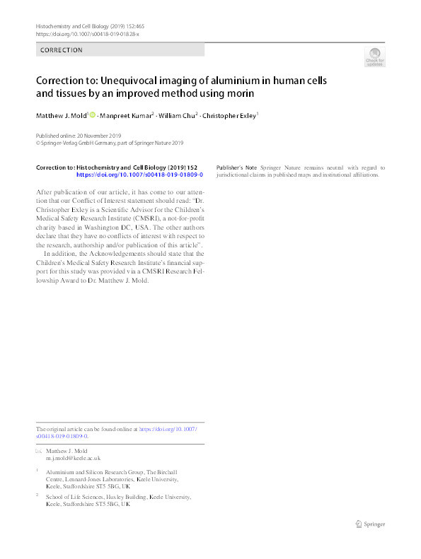 Correction to: Unequivocal imaging of aluminium in human cells and tissues by an improved method using morin. Thumbnail
