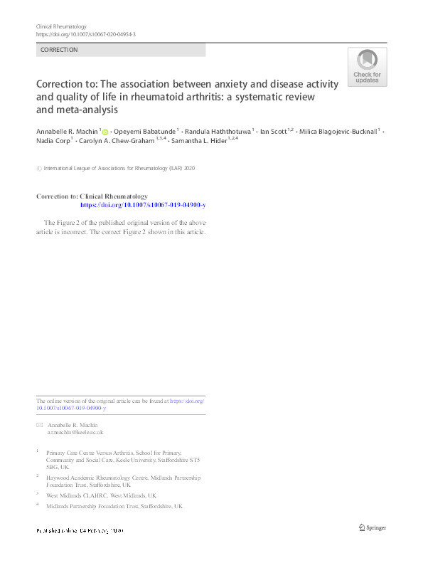 Correction to: The association between anxiety and disease activity and quality of life in rheumatoid arthritis: a systematic review and meta-analysis. Thumbnail