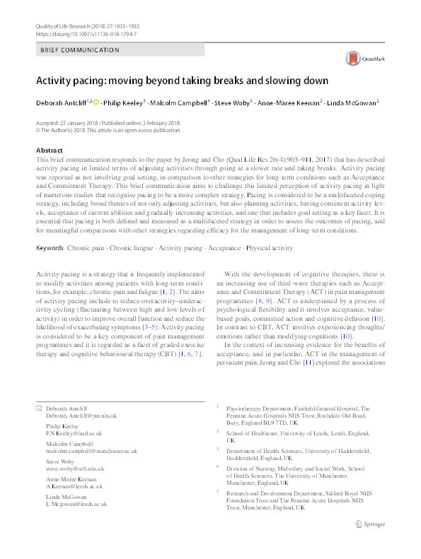 Activity pacing: moving beyond taking breaks and slowing down Thumbnail