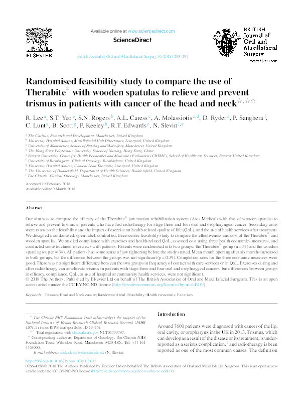 Randomised feasibility study to compare the use of Therabite® with wooden spatulas to relieve and prevent trismus in patients with cancer of the head and neck. Thumbnail