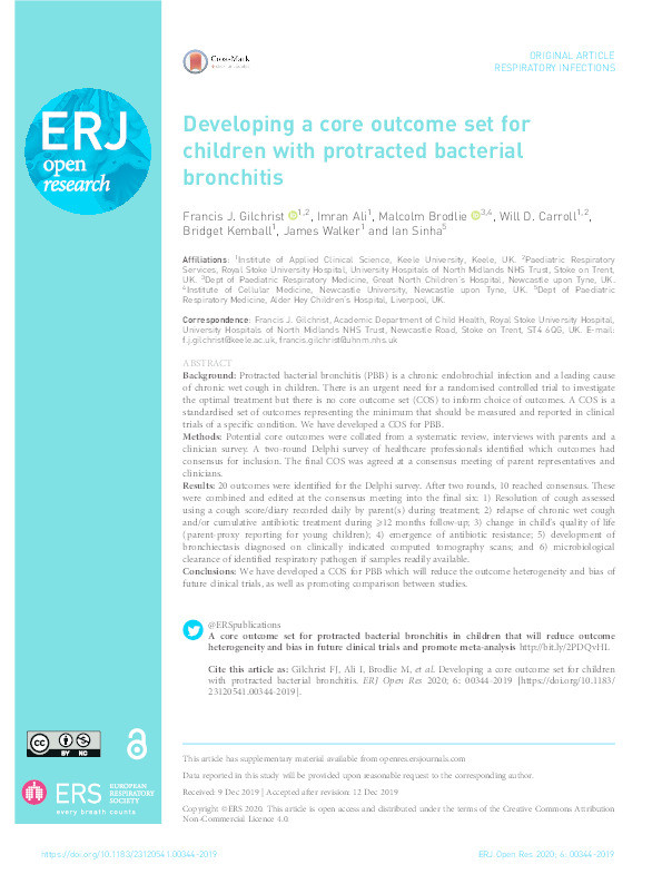 Developing a core outcome set for children with protracted bacterial bronchitis. Thumbnail