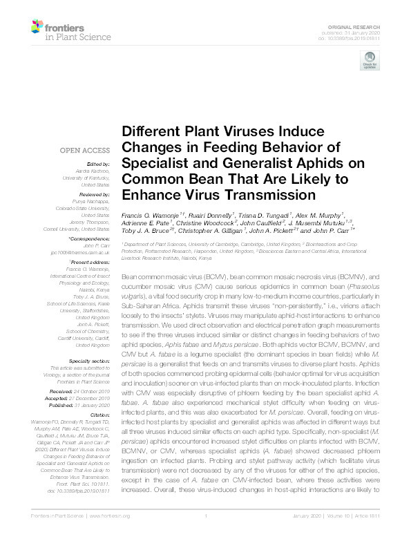 Different Plant Viruses Induce Changes in Feeding Behavior of Specialist and Generalist Aphids on Common Bean That Are Likely to Enhance Virus Transmission Thumbnail