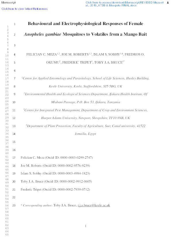 Behavioural and Electrophysiological Responses of Female Anopheles gambiae Mosquitoes to Volatiles from a Mango Bait Thumbnail