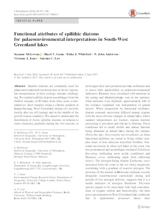 Functional attributes of epilithic diatoms for palaeoenvironmental interpretations in South-West Greenland lakes Thumbnail
