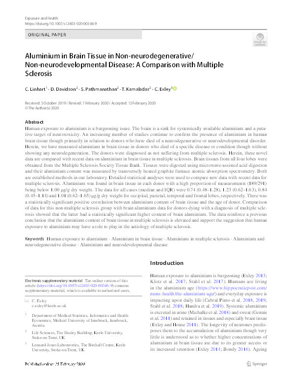 Aluminium in Brain Tissue in Non-neurodegenerative/Non-neurodevelopmental Disease: A Comparison with Multiple Sclerosis Thumbnail