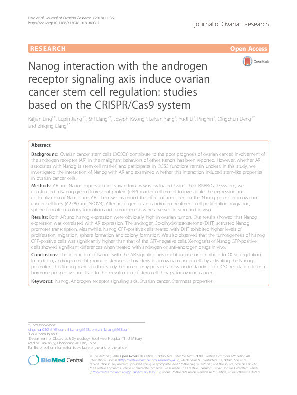 Nanog interaction with the androgen receptor signaling axis induce ovarian cancer stem cell regulation: studies based on the CRISPR/Cas9 system. Thumbnail