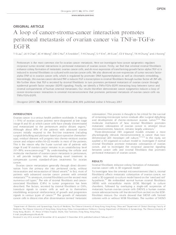 A loop of cancer-stroma-cancer interaction promotes peritoneal metastasis of ovarian cancer via TNFa-TGFa-EGFR. Thumbnail
