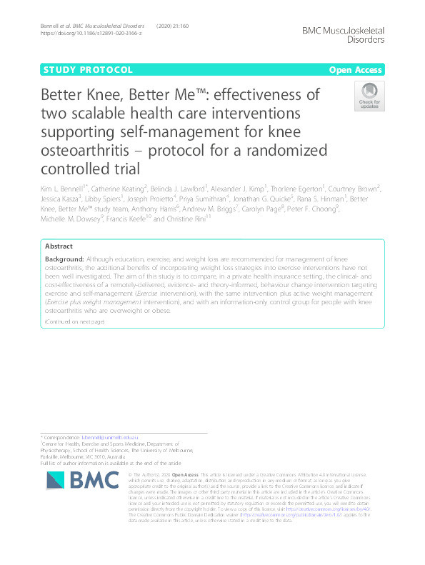 Better Knee, Better Me™: effectiveness of two scalable health care interventions supporting self-management for knee osteoarthritis – protocol for a randomized controlled trial Thumbnail