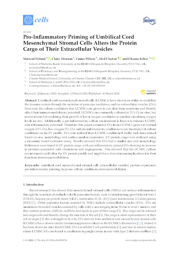 Pro-Inflammatory Priming of Umbilical Cord Mesenchymal Stromal Cells Alters the Protein Cargo of Their Extracellular Vesicles Thumbnail
