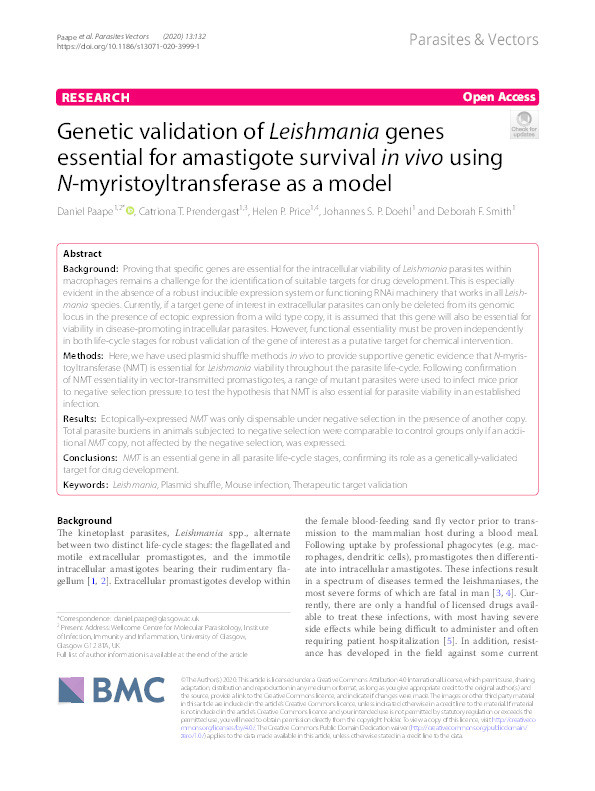 Genetic validation of Leishmania genes essential for amastigote survival in vivo using N-myristoyltransferase as a model Thumbnail